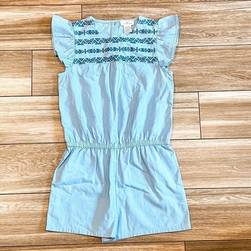 Vineyard Vines Embroidered Chambray Romper with Flutter Sleeves